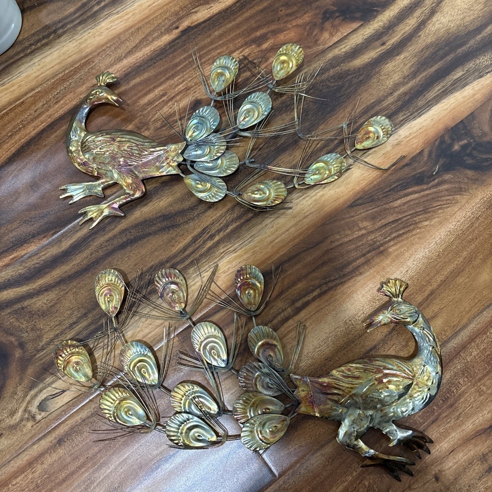 VTG Metal Tin Peacock Pair Wall Art Hanging-MCM-Metallic Tones-Hong Kong 18"X10"